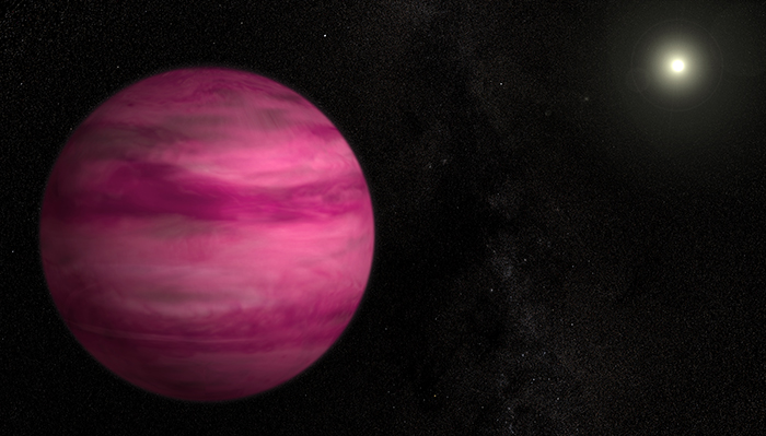 A strange pink planet with swirling patterns illuminated by a distant star.