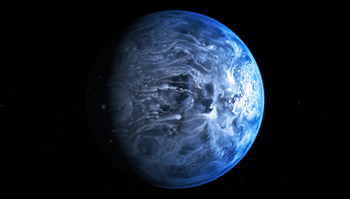 Strange planet with swirling blue and white patterns in space.