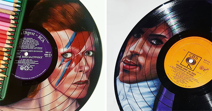 I Create Celebrity Portraits On Used Vinyl Records With Colored Pencils