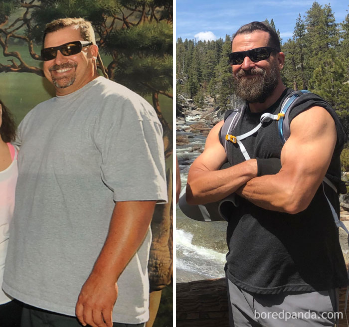 93 Lbs Lost In 26 Months. The Backgrounds In These Pics Seem Fitting. From Crappy Painted Trees At An Amusement Park To Real Trees Above Yosemite Falls During A 7 Hour Hike