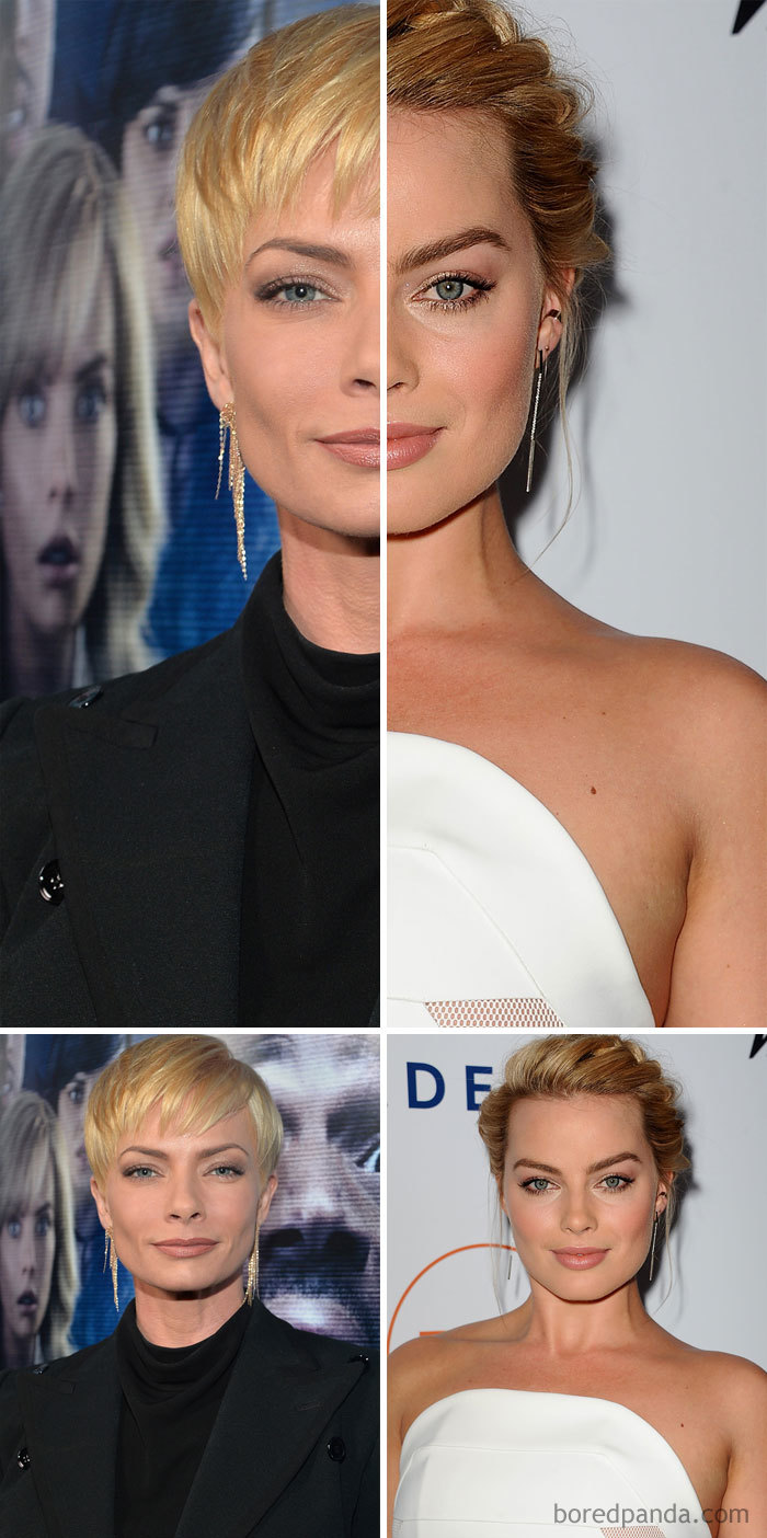 Split image showing celebrity lookalikes blended and side-by-side, highlighting faces for celebrity lookalikes comparison. Split image showing celebrity lookalikes blended and side-by-side, highlighting faces for celebrity lookalikes comparison.