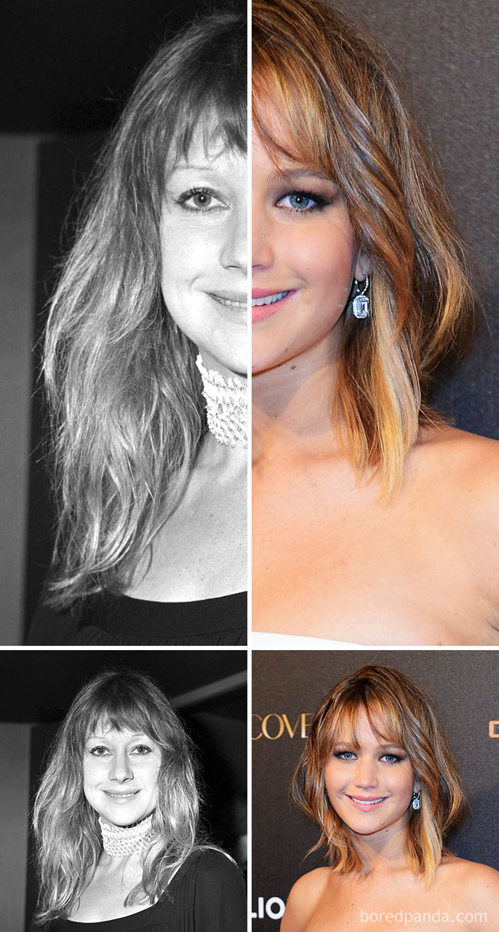 Split image of two celebrity lookalikes stitched together, showing striking resemblance in black and white and color photos. Split image of two celebrity lookalikes stitched together, showing striking resemblance in black and white and color photos.