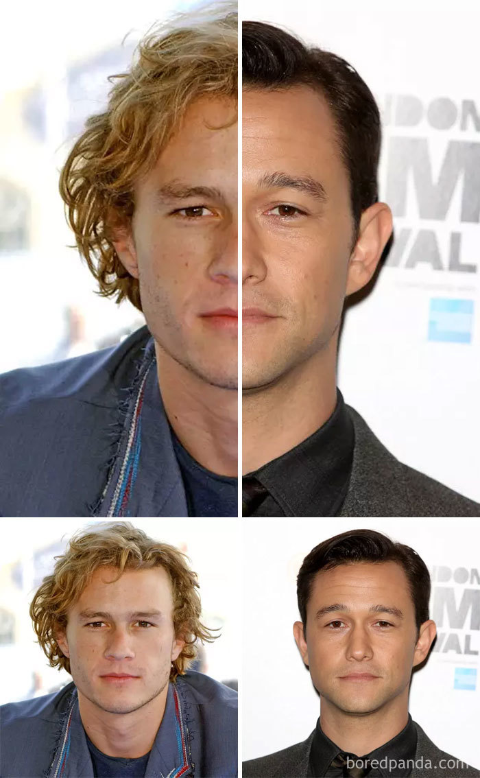 Split image showing stitched celebrity lookalikes and individual photos of two men with similar facial features. Split image showing stitched celebrity lookalikes and individual photos of two men with similar facial features.