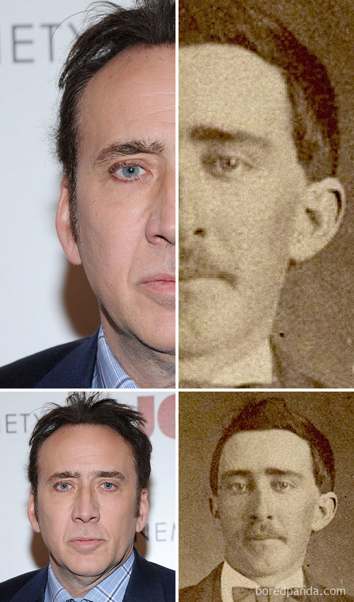Split image showing modern-day celebrity and historical lookalike side by side in celebrity lookalikes stitched together. Split image showing modern-day celebrity and historical lookalike side by side in celebrity lookalikes stitched together.