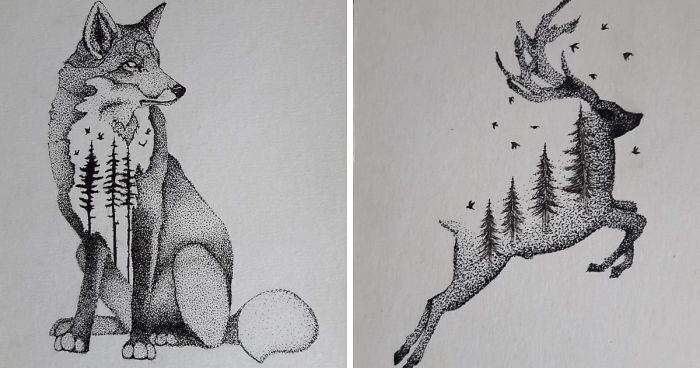 I Draw Wild Animals Using Dots And Double Exposure
