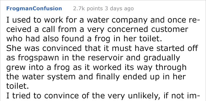 Man Blames 'The Plumbing' After Finding A 'Frog' On A Toilet Seat, Then His Wife Tells What Really Happened Man Blames 'The Plumbing' After Finding A 'Frog' On A Toilet Seat, Then His Wife Tells What Really Happened