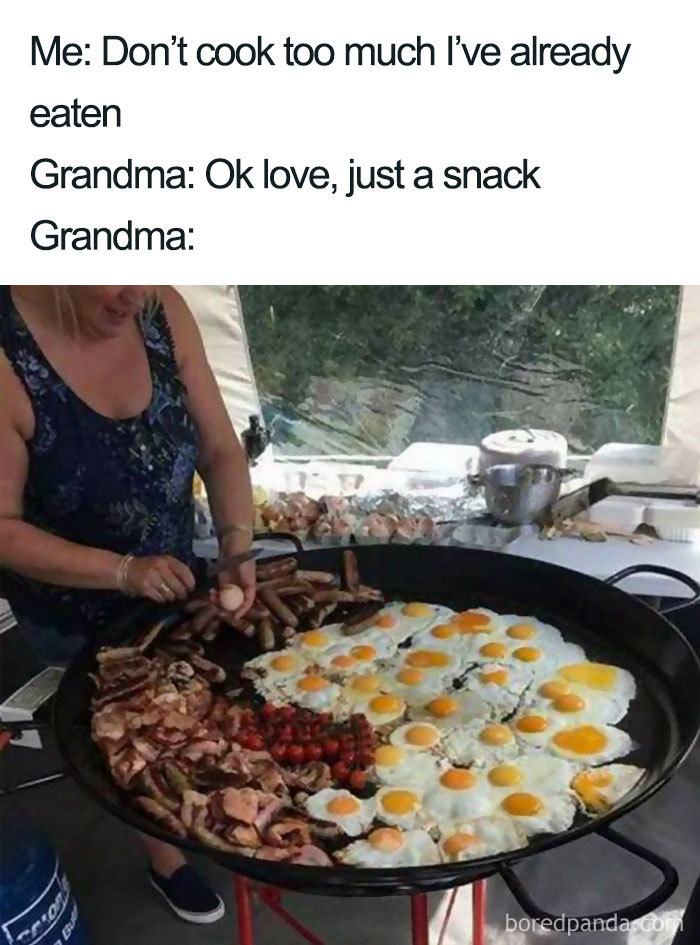 Grandma cooking a massive breakfast with eggs, sausages, and bacon, humorously capturing a food meme moment.