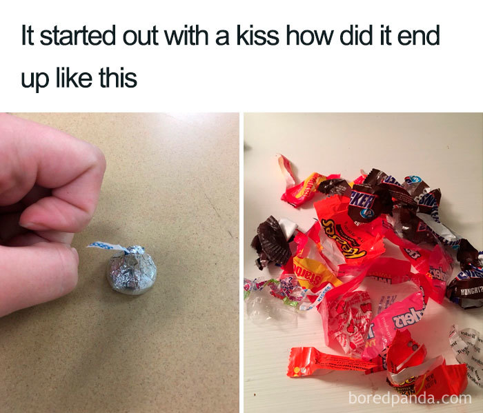 Funny food meme with a single chocolate kiss on the left and a pile of candy wrappers on the right.