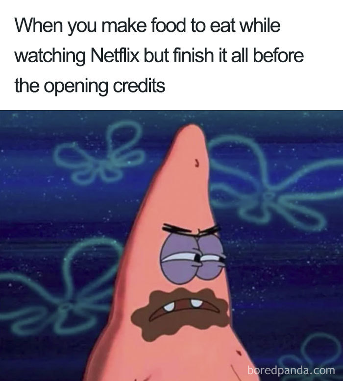 Patrick Star looking annoyed, with chocolate around his mouth, captures a relatable moment in food memes.