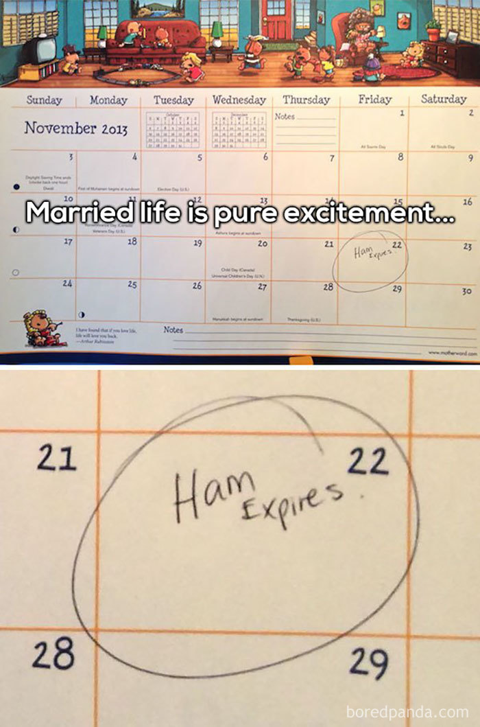 Calendar showing a humorous note about ham expiration, highlighting the excitement of married life.