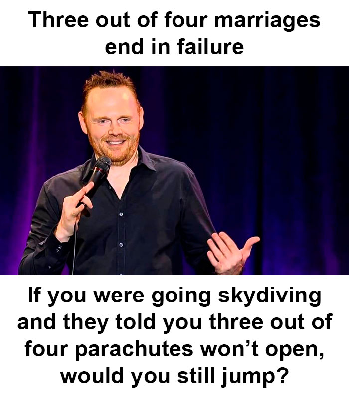 Comedian joking about marriage statistics on stage, relating it to skydiving.