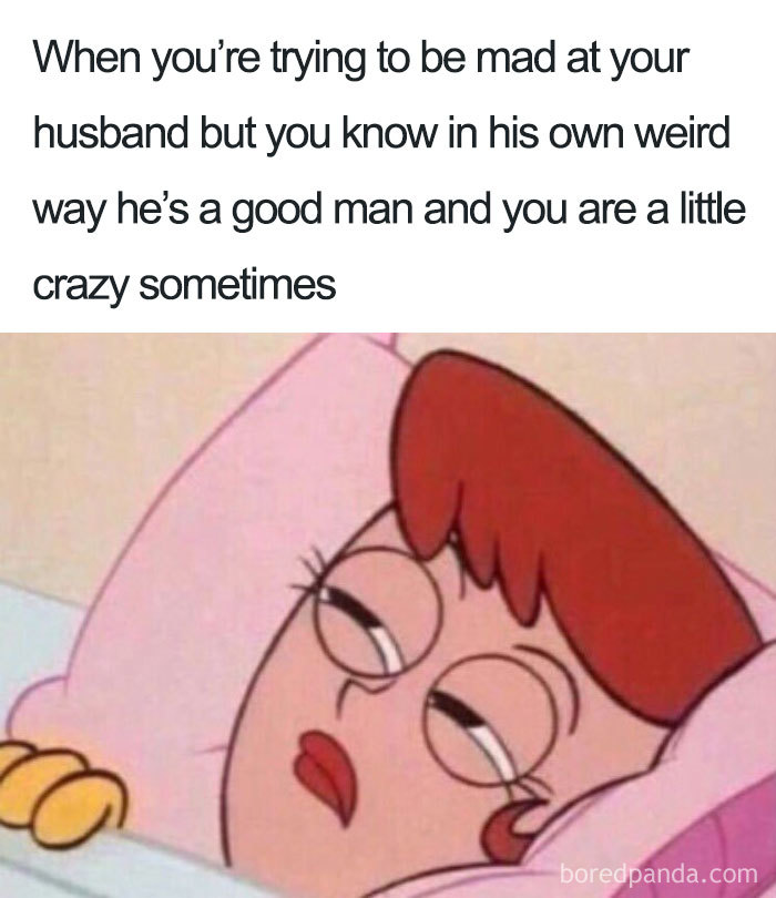 Cartoon woman with a frustrated expression in bed, humorously capturing married life dynamics.