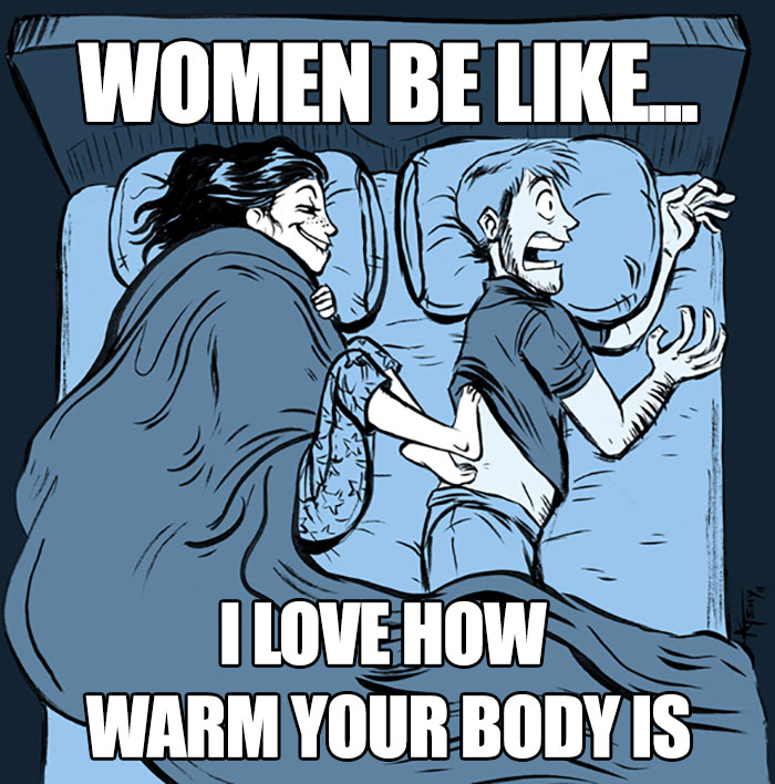 Cartoon meme depicting married life with a woman cuddling her startled partner in bed.