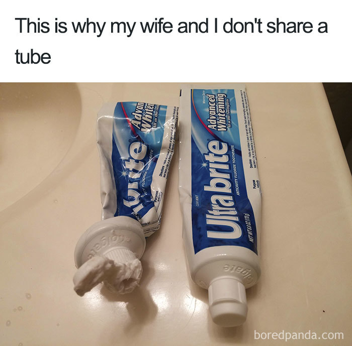 Two toothpaste tubes demonstrate a funny aspect of married life, one squeezed flat and one nearly full.