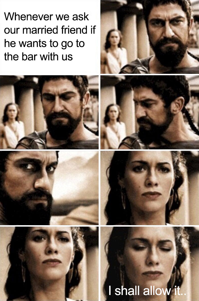 Funny meme about married life featuring a couple's humorous exchange.