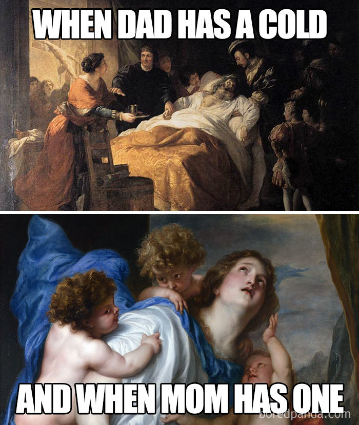 Comparison of dad and mom with a cold using humorous classical art meme, highlighting married life dynamics.