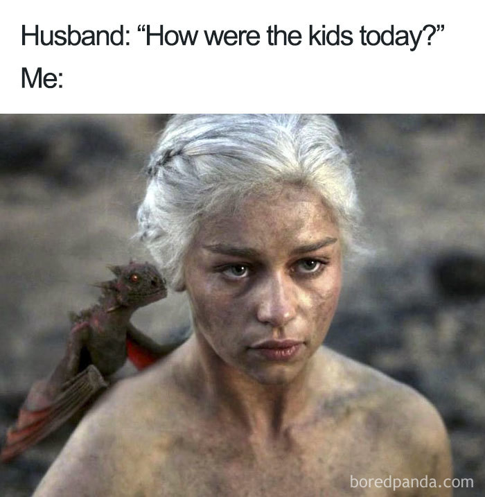 Woman with a baby dragon on her shoulder humorously represents married life challenges.