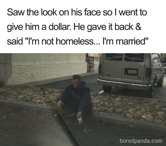 Man sitting near a van with a humorous caption about married life.