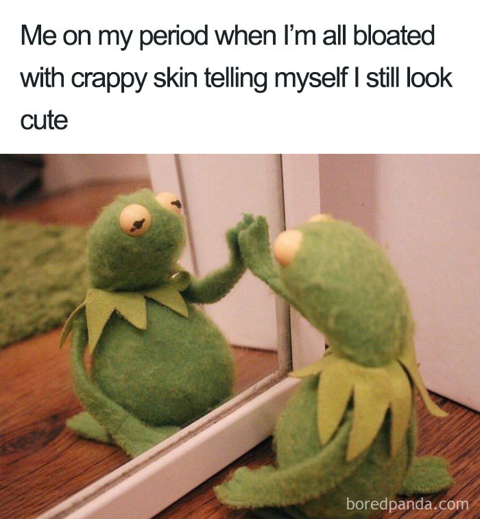Kermit the Frog admiring himself in a mirror during a relatable period moment meme.