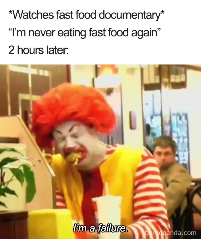 Clown character eating a fast food burger, with humorous caption about food regrets.