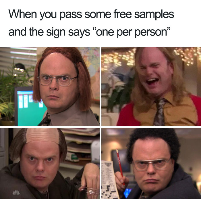 Four humorous images of a character in disguise reacting to a "one per person" sign at food samples.