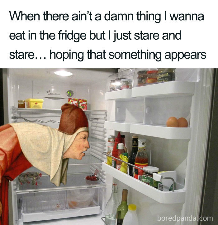 Medieval figure humorously stares into an open fridge in this hilarious food meme.