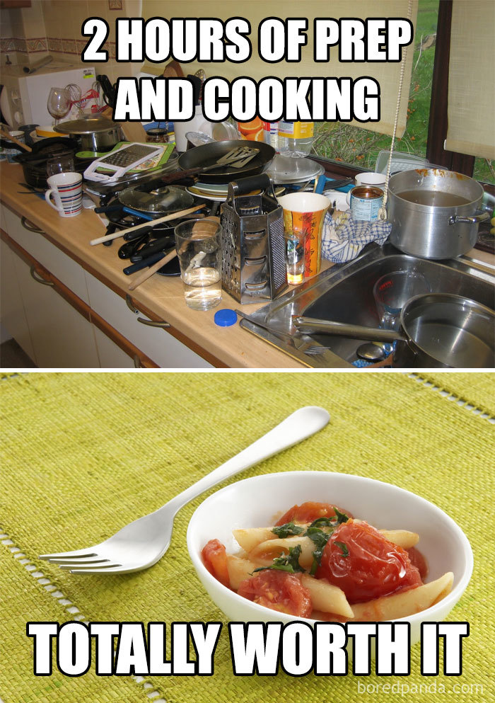 Messy kitchen after cooking versus a small bowl of pasta, highlighting hilarious food meme.