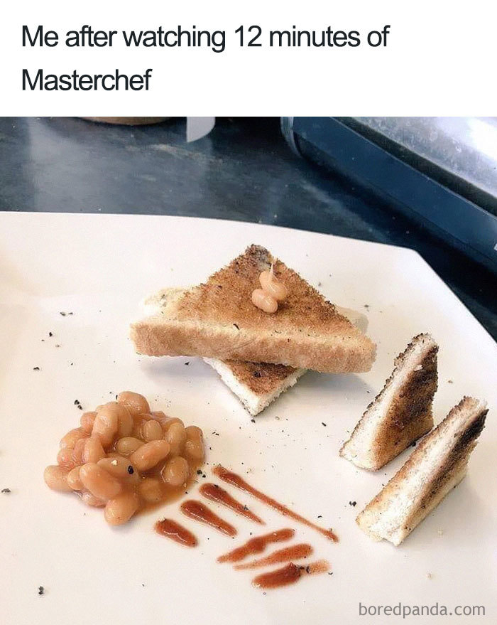 Gourmet-style toast with a small heap of beans and sauce art on a plate, humorously mimicking MasterChef presentation.