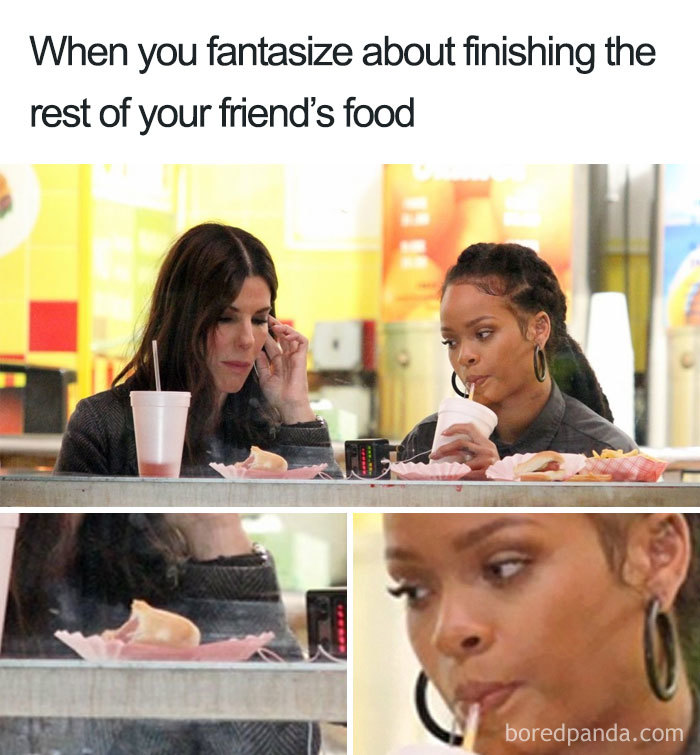 Two women at a table eyeing leftover food in a playful food meme.