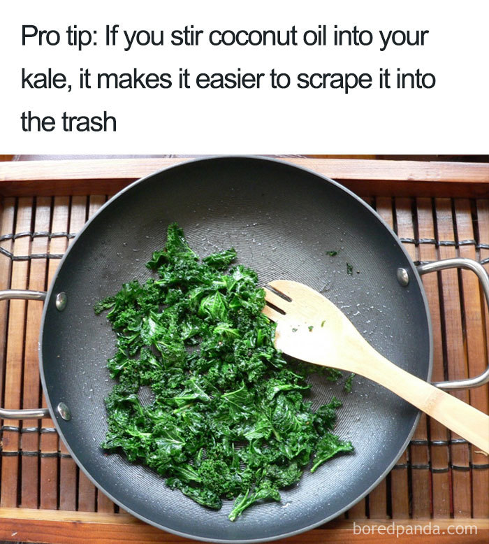Hilarious food meme of cooked kale in a pan with a wooden spoon, suggesting it's ready to discard.