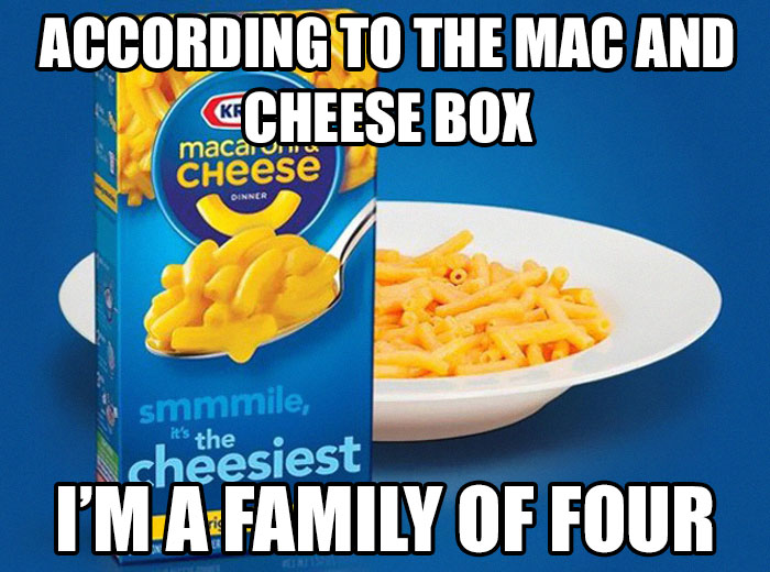 Mac and cheese box claiming it serves four, with a half-empty bowl and funny text, creating a hilarious food meme.