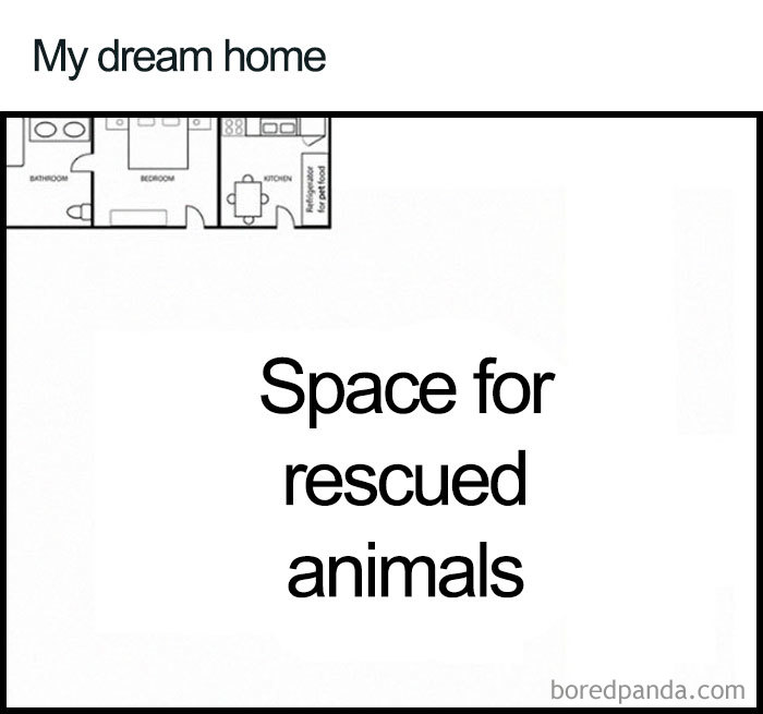 Vegan meme showing a dream home plan with a large space for rescued animals.