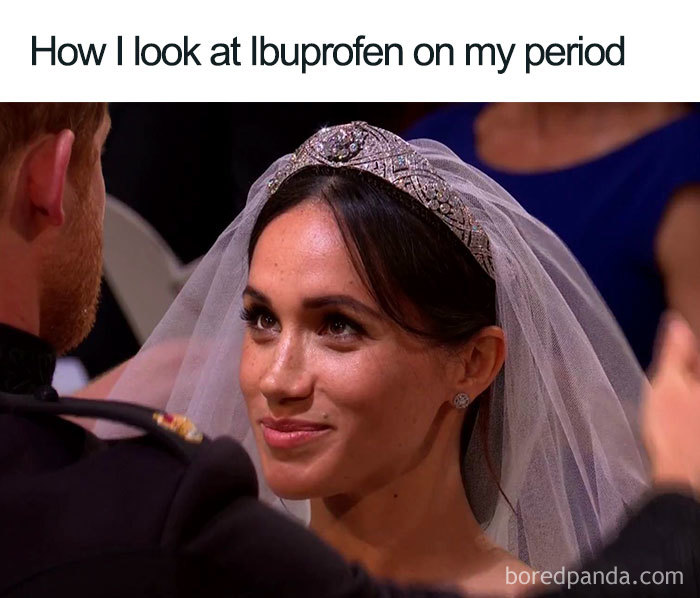 Woman in a wedding dress looks lovingly, captioned "How I look at Ibuprofen on my period". Period meme humor.