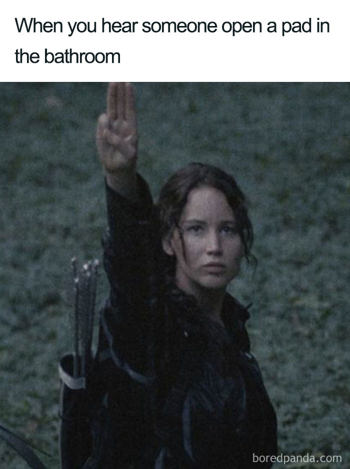 Woman raising hand in salute, humorous reaction to period situations meme.