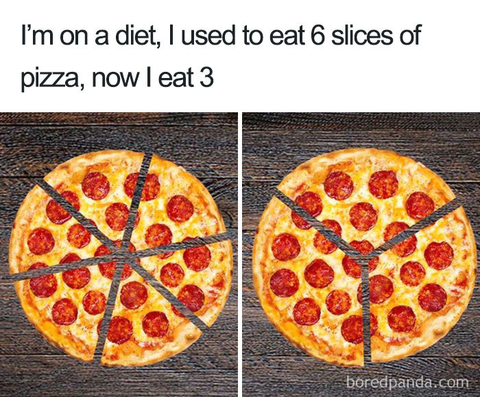 Pepperoni pizza meme comparing diet slices, showcasing a funny twist on portion control.