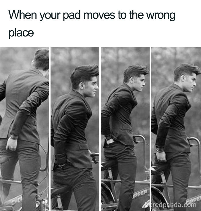 "When she’s on her period" meme with a man adjusting his pants humorously.