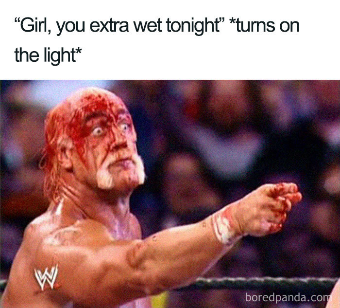 Wrestler with face paint and surprised expression, related to "when she's on her period" meme joke.