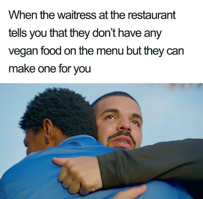 Two people hugging with text about vegan food options at a restaurant.