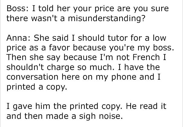 Entitled Mom Bullies Tutor To Teach Daughter French For $5/h, Shows Her True Colors When She Hears The Answer Entitled Mom Bullies Tutor To Teach Daughter French For $5/h, Shows Her True Colors When She Hears The Answer