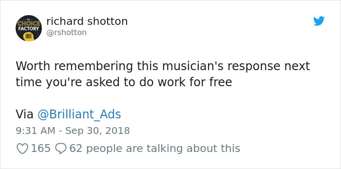 Restaurant Asks Musicians To Perform For Free, And This Musician's Epic Reply Goes Viral Restaurant Asks Musicians To Perform For Free, And This Musician's Epic Reply Goes Viral