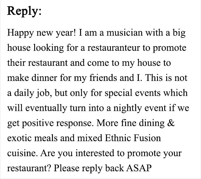 Restaurant Asks Musicians To Perform For Free, And This Musician's Epic Reply Goes Viral Restaurant Asks Musicians To Perform For Free, And This Musician's Epic Reply Goes Viral