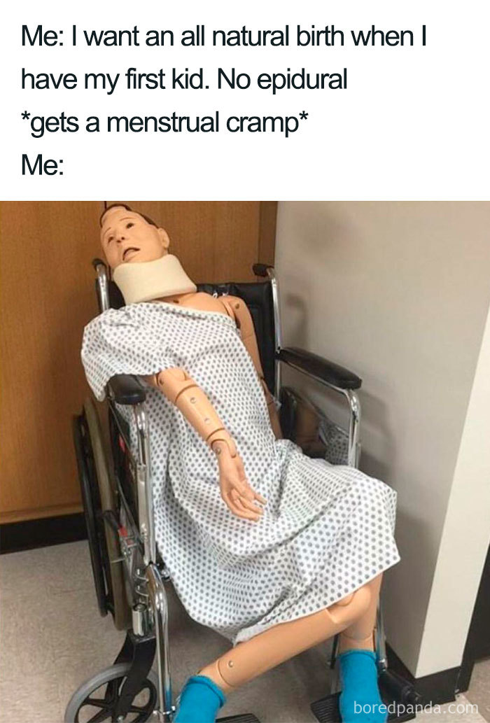 A mannequin in a hospital gown, humorously depicting reactions to period pain.