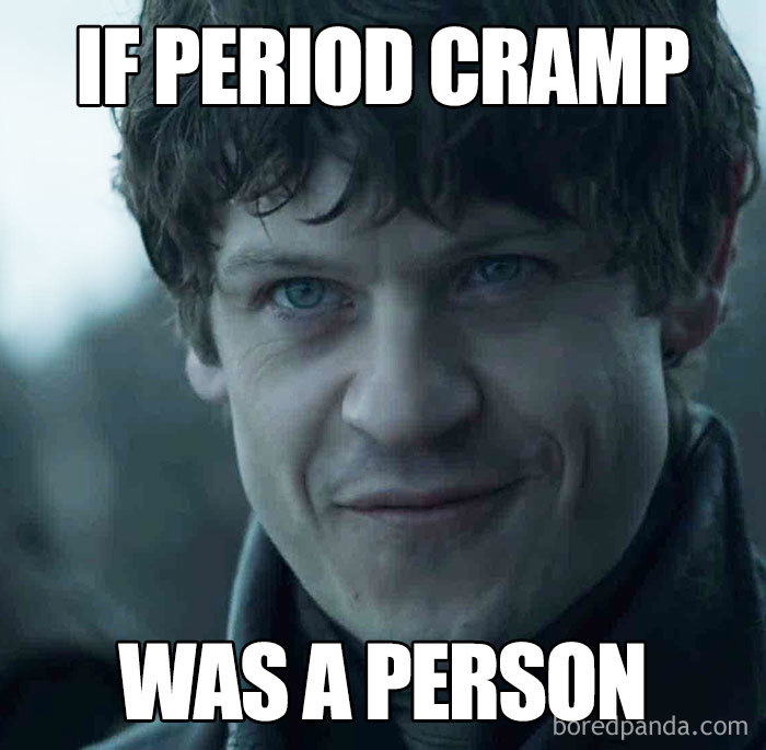 Meme with a character's smirk, captioned "If period cramp was a person," conveying humor about menstrual pain.