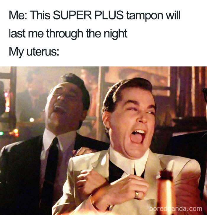 Meme featuring a humorous reaction to a tampon's effectiveness during her period.