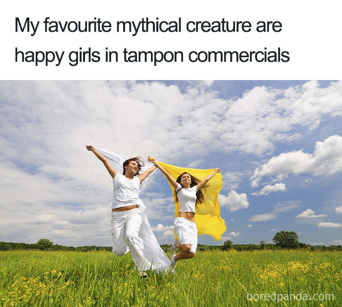 Two women happily running in a field, representing a "When She's On Her Period" meme.