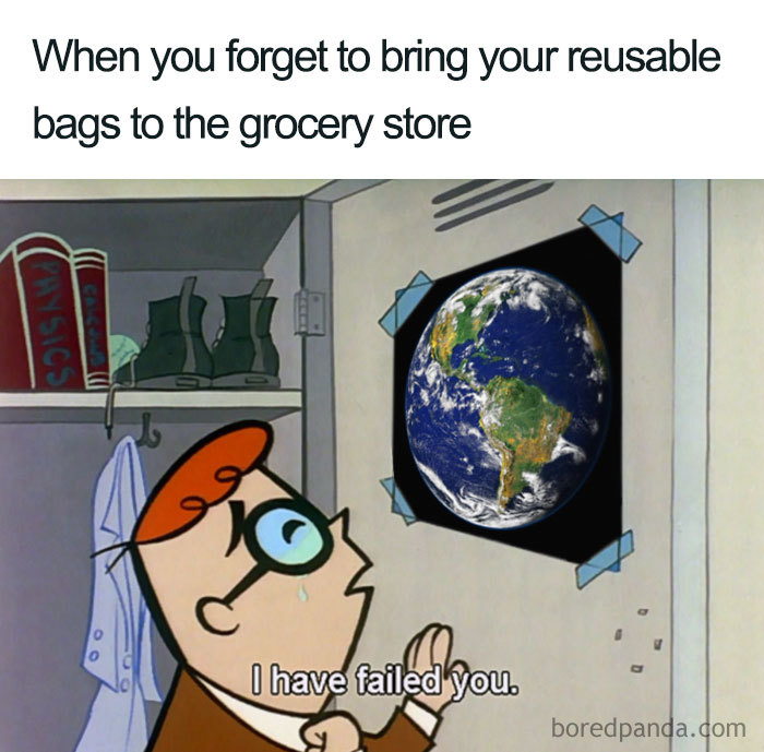 Cartoon character looking at Earth with text about forgetting reusable bags; humorous vegan meme.