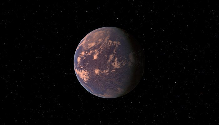 Strange planet with a cloudy atmosphere against a starry background in space.