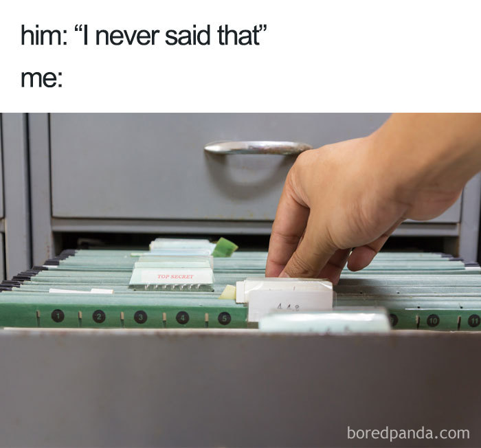Hand searching through a filing cabinet, humorously representing married life arguments with text: "him: 'I never said that' me:".