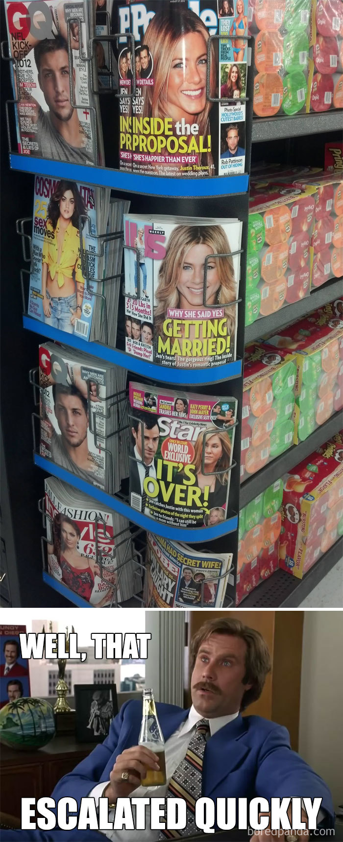 Magazine covers with marriage news and a meme of a surprised man with text "Well, that escalated quickly" capture married life humor.