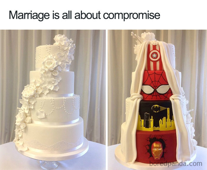 Wedding cake with a traditional front and superhero-themed back, humorously depicting married life compromise.